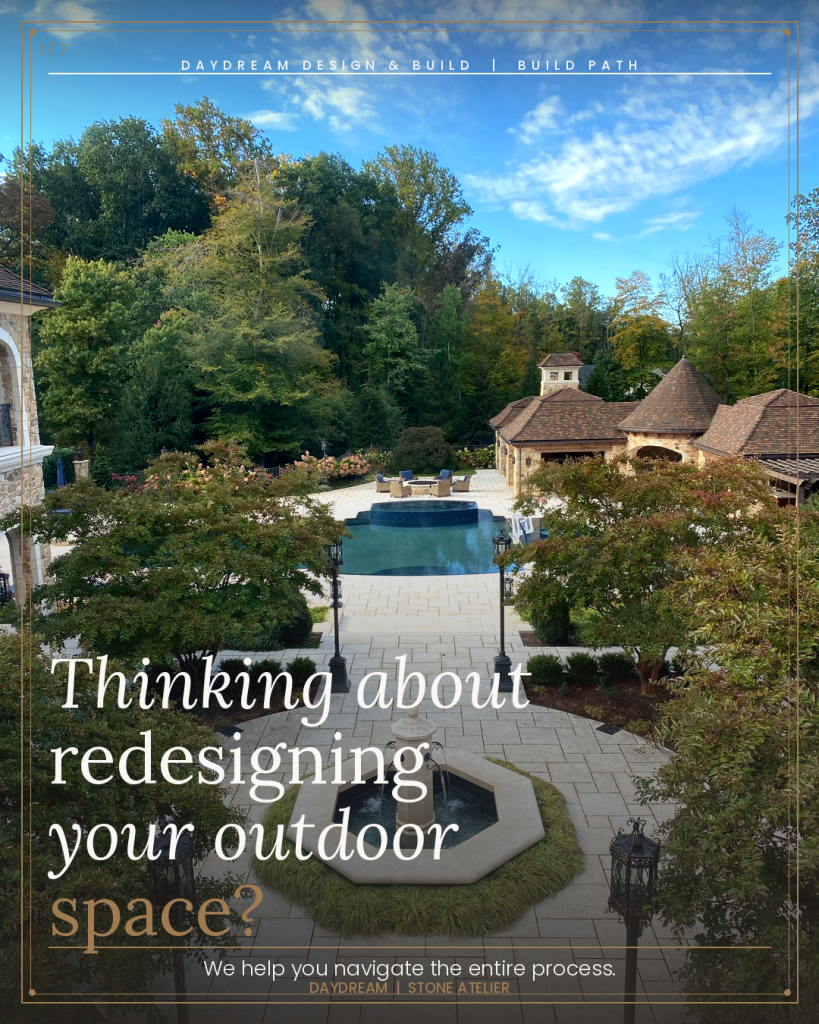 Aerial view of luxury outdoor living estate with limestone courtyard fountain pool and pool house by Daydream Design Build North Metro Atlanta