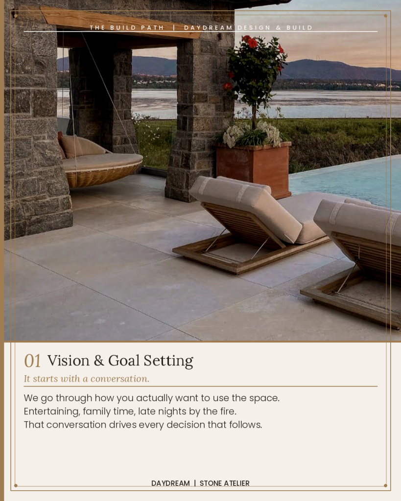 Luxury outdoor living terrace with limestone paving pool lounge chairs and mountain water view at sunset for vision and goal setting phase Daydream Design Build North Metro Atlanta