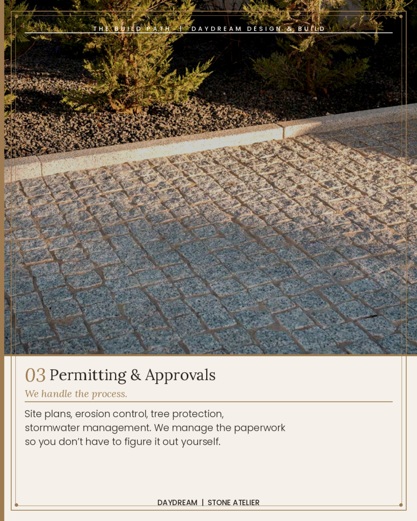Custom cut granite cobblestone driveway paving with limestone curb detail and landscape planting outdoor living project North Metro Atlanta