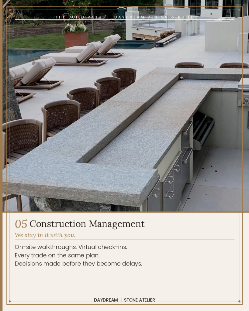 Custom cut limestone outdoor kitchen bar top with stone base pool deck and lounge chairs under construction managed by Daydream Design Build North Metro Atlanta