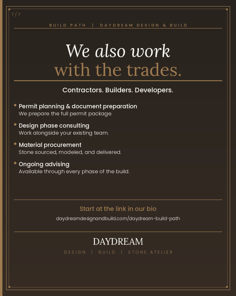 Dark editorial graphic showing Daydream Design and Build contractor builder and developer services including permit planning design consulting material procurement and ongoing advising North Metro Atlanta