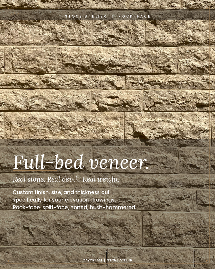 Close up of rock-face natural stone wall cladding in running bond with full-bed veneer depth and shadow lines Daydream Stone Atelier North Metro Atlanta