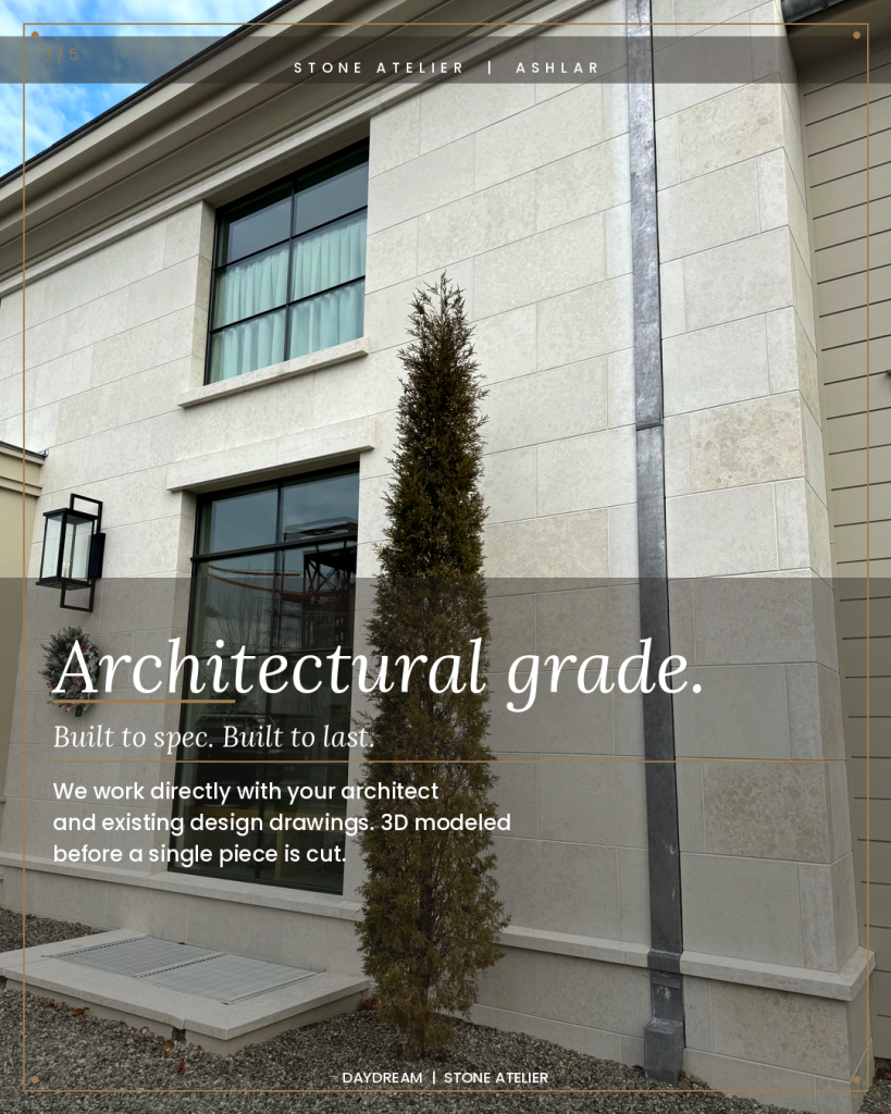 Custom home facade with smooth ashlar limestone wall cladding stone window sills and black steel windows North Metro Atlanta Daydream Stone Atelier