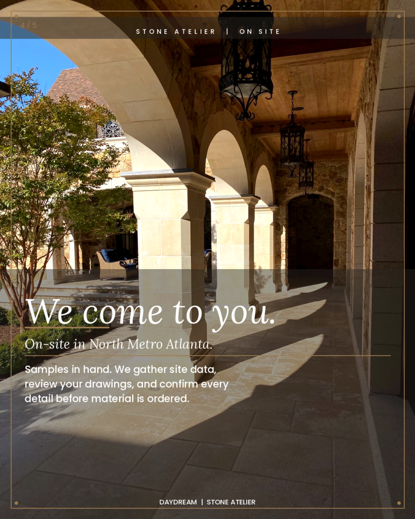 Limestone arched colonnade with custom cut stone columns capitals and limestone paving on high end residence with wrought iron lanterns Daydream Stone Atelier