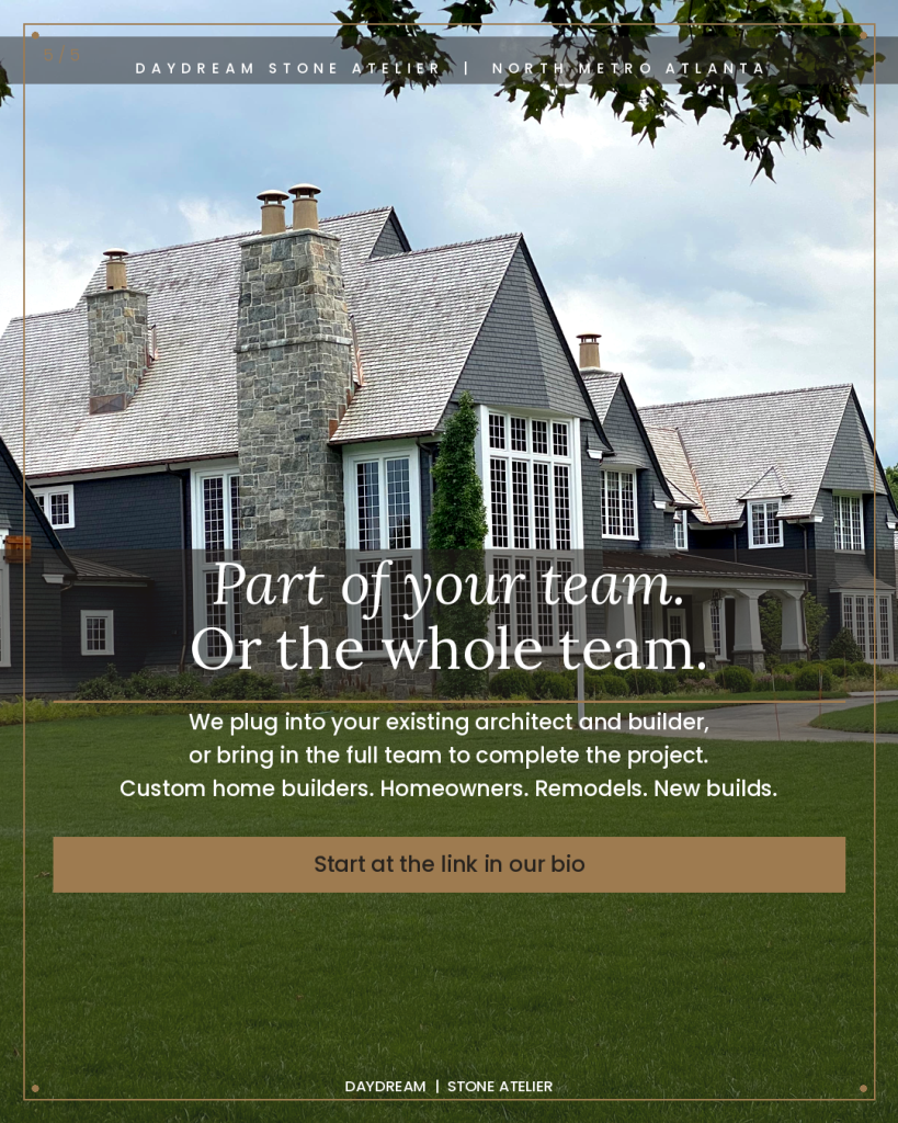 Shingle style custom estate home with natural stone chimney cladding stone foundation veneer and manicured lawn North Metro Atlanta Daydream Stone Atelier