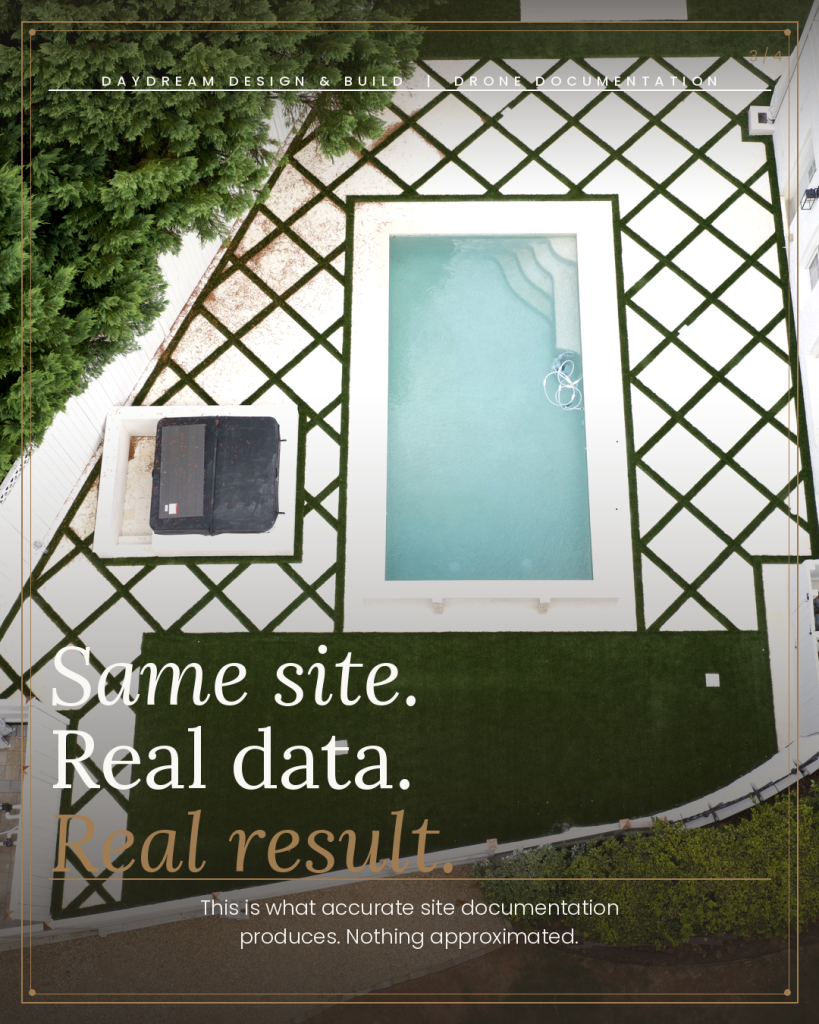 Can Your Design Goals Actually Be Achieved? How We Verify Before We Build | Daydream Design & Build 2 FAA Part 107 aerial drone photograph of completed outdoor living project with limestone diamond paving pattern pool and turf inlay North Metro Atlanta