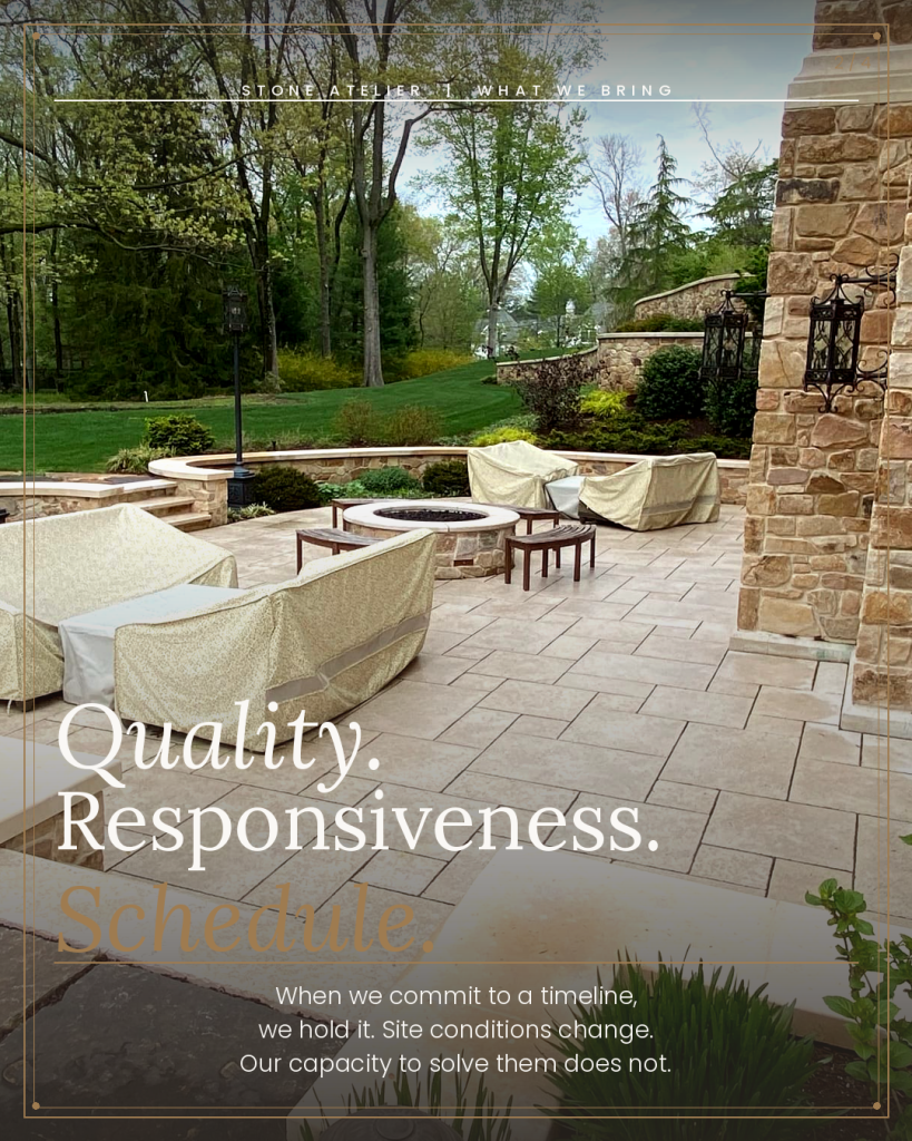 What We Actually Bring to a Project | Daydream Stone Atelier | North Metro Atlanta 3 Limestone terrace paving with natural stone arched outdoor structure and fire pit supplied by Daydream Stone Atelier