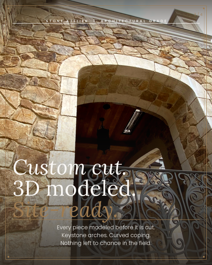 What We Actually Bring to a Project | Daydream Stone Atelier | North Metro Atlanta 2 Custom cut limestone keystone arch with natural stone surround and wrought iron railing architectural stone detail by Daydream Stone Atelier