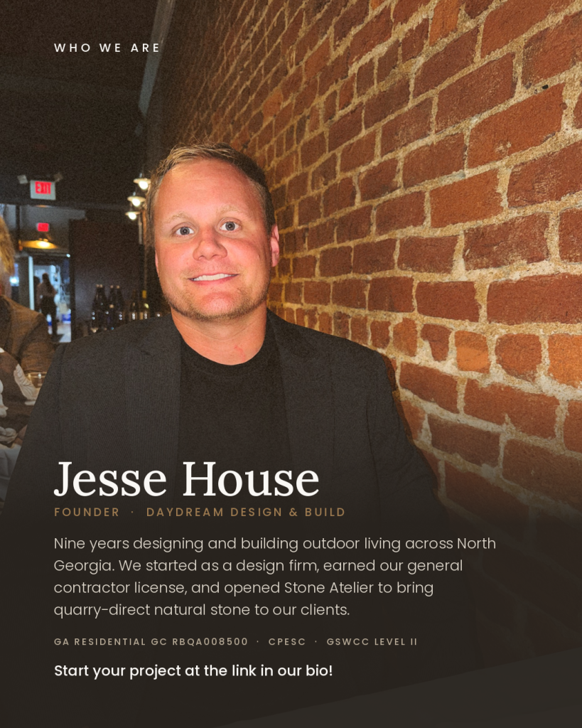 One Stone Inside and Out: Using the Same Natural Stone for Interior Floors and Outdoor Living 7 Jesse House, founder of Daydream Design & Build and Stone Atelier, smiling in a dark blazer in front of a brick wall.