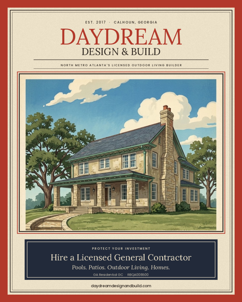 1920s catalog style illustration of a stone and shingle home with Daydream Design and Build masthead and placard reading Hire a Licensed General Contractor