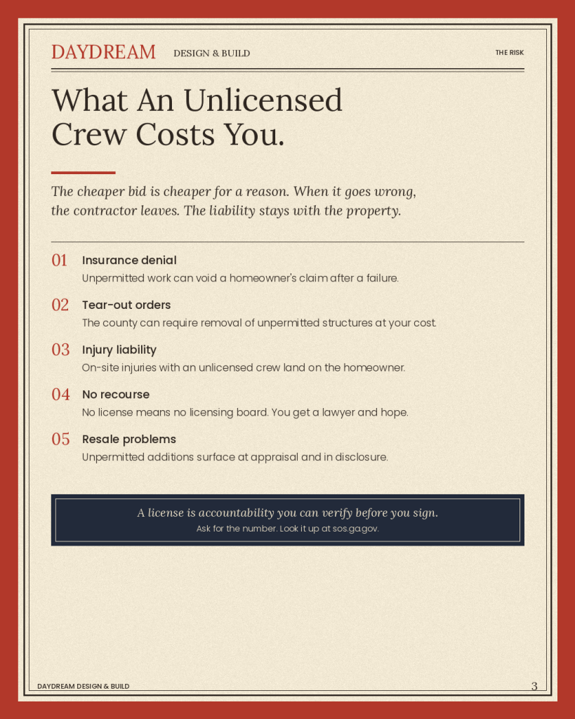 Magazine page listing the risks of hiring an unlicensed outdoor contractor including insurance denial, tear-out orders, injury liability, no recourse, and resale problems